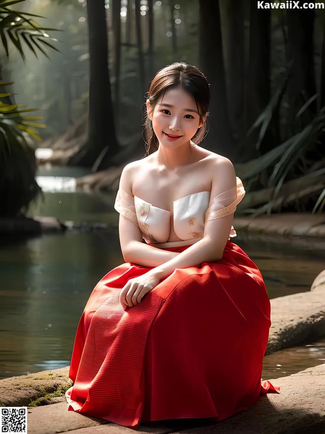 A woman in a red dress sitting on a rock by a river.