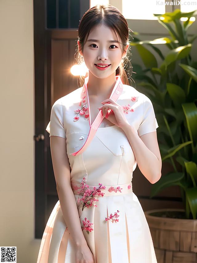 A woman in a white dress with pink flowers on it.