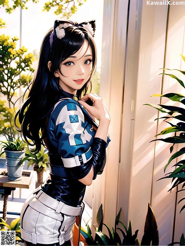 A woman in a blue and white outfit standing by a window.