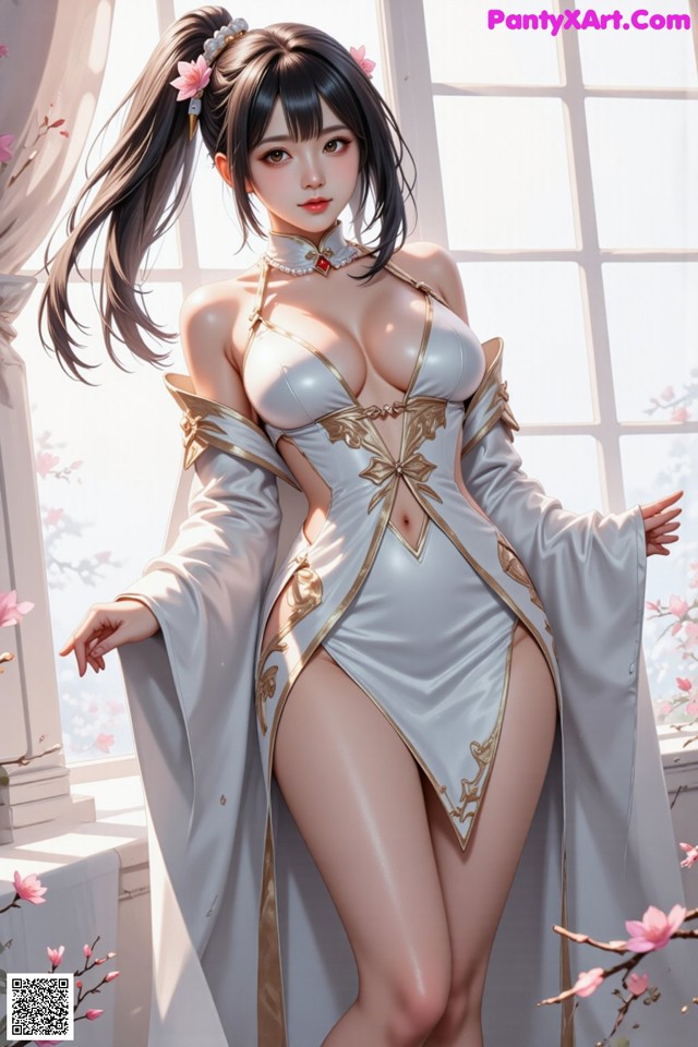 A woman in a white and gold outfit posing in front of a window.