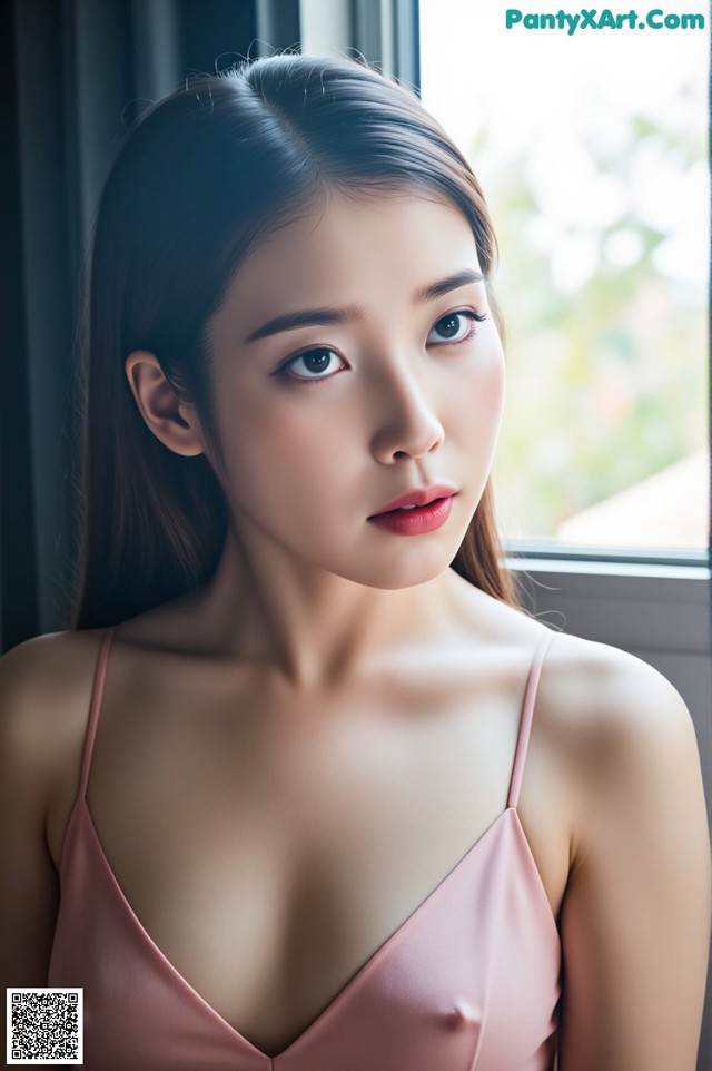 A woman in a pink dress looking out a window.