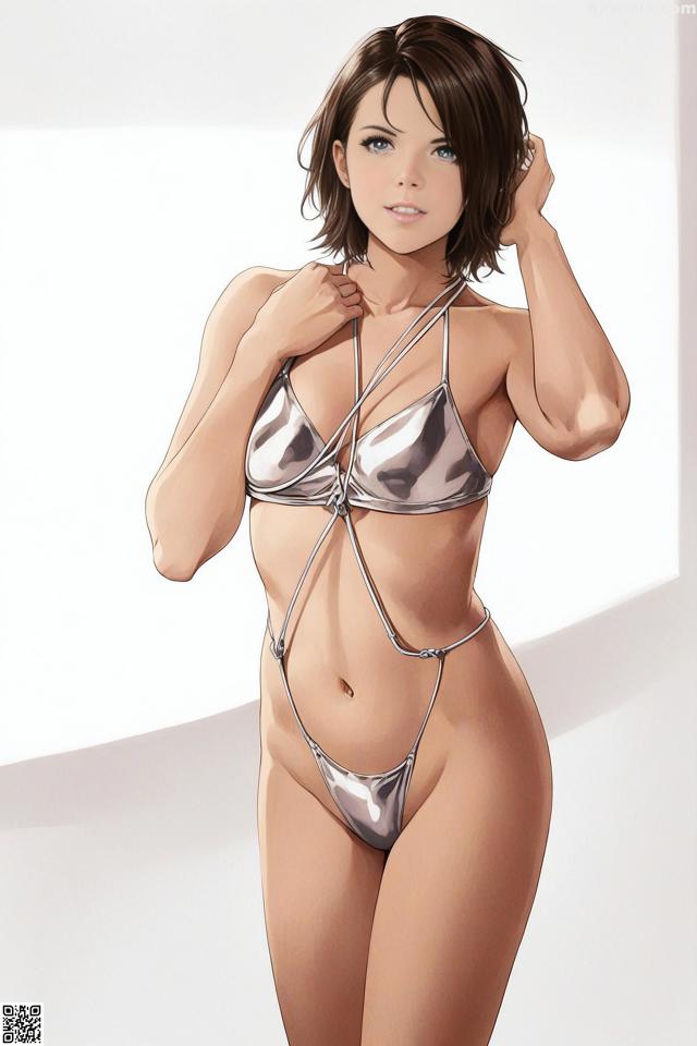 A woman in a silver bikini posing for a picture.