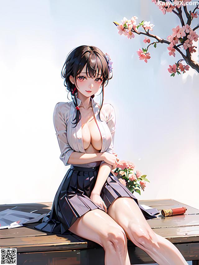A woman sitting on top of a wooden table next to a tree.